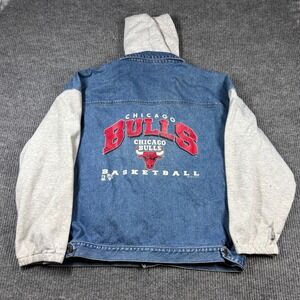 Vintage Chicago Bulls Chalk Line Denim Hooded Jacket Mens XL Blue Grey NBA 90s
